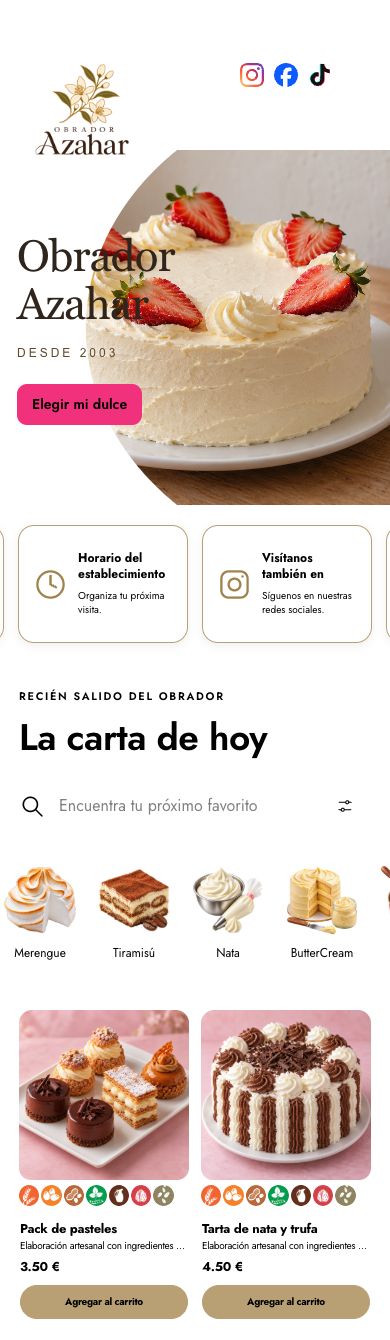 Portal móvil de Obrador Azahar con su portada, buscador y carrusel de filtros